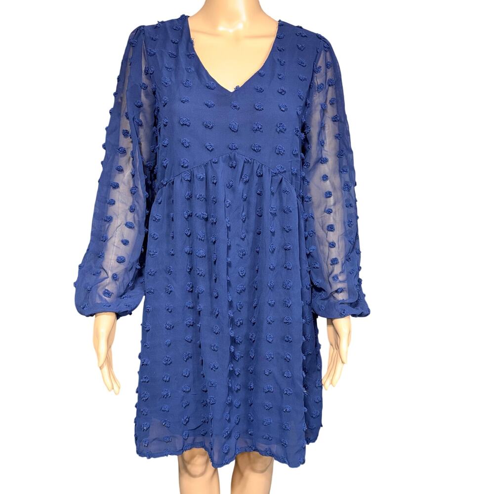 Kirundo Womens Swiss Dot Babydoll Mini Dress Balloon Sleeves Navy Blue Small